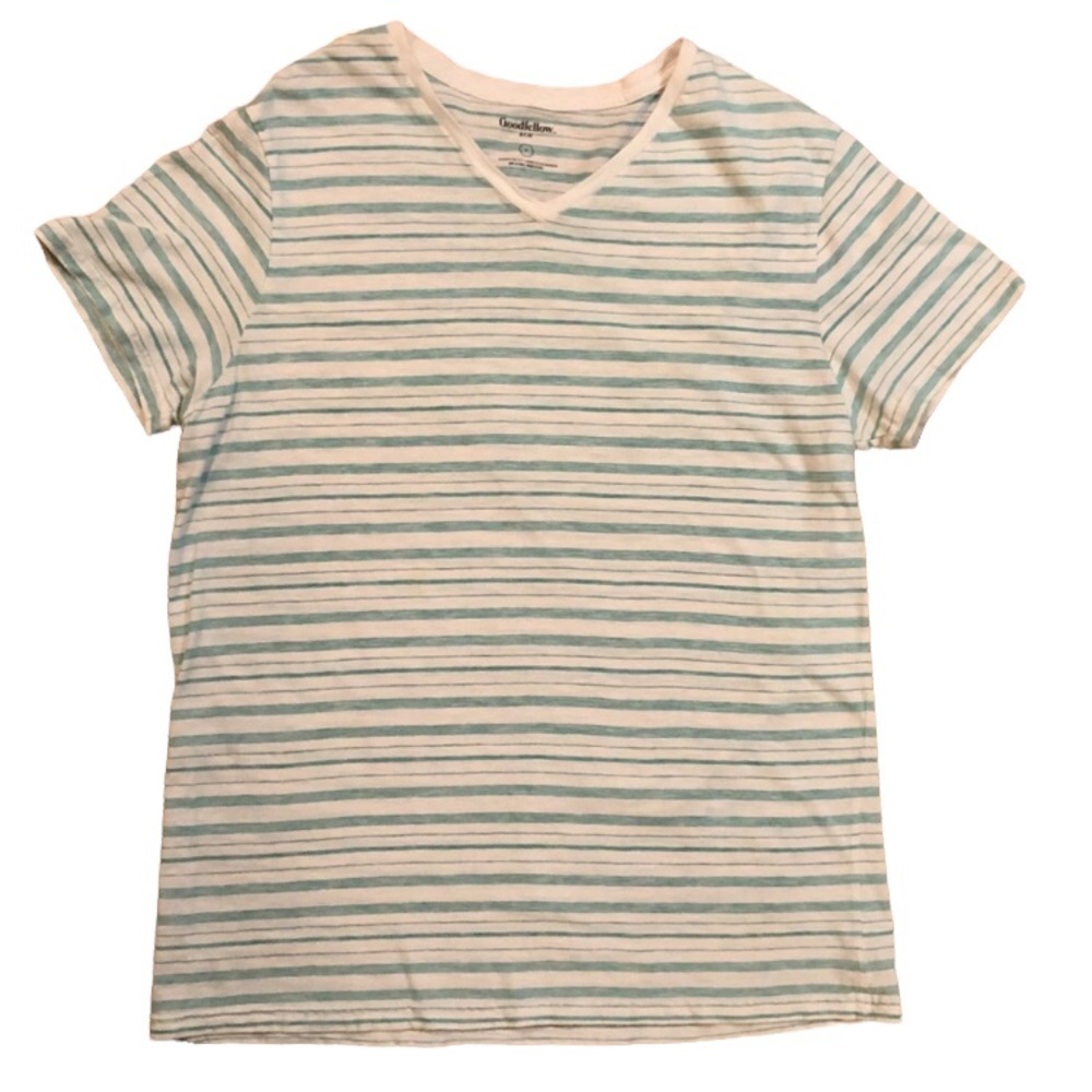 White V-neck t-shirt with blue/green stripes, medium - Picture 5 of 5
